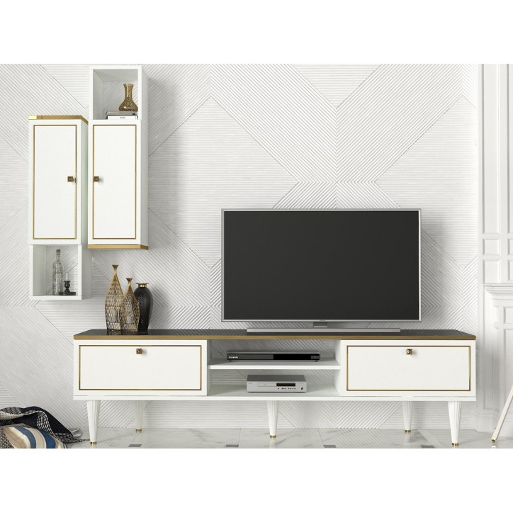 Mueble TV con estante Ravenna dorado blanco negro