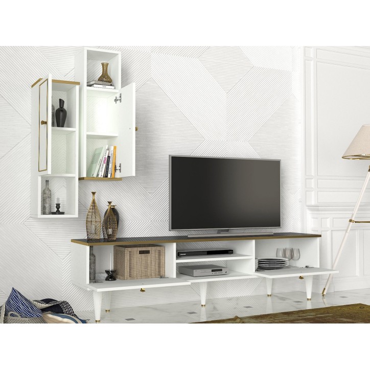 Mueble TV con estante Ravenna dorado blanco negro