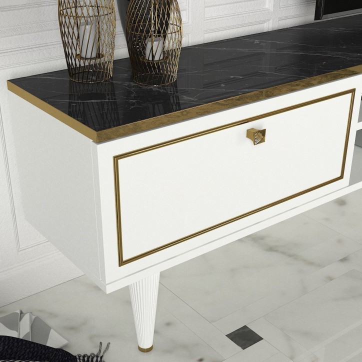 Mueble TV con estante Ravenna dorado blanco negro