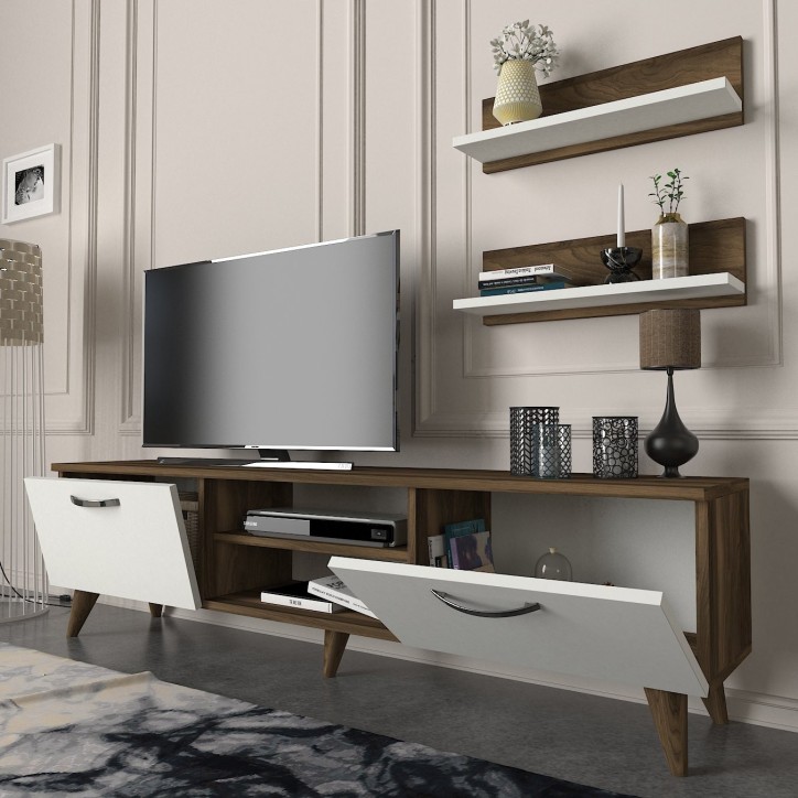 Mueble TV con estante Ayden blanco nogal