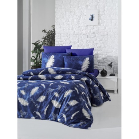 Juego ropa de cama doble Ranforce Feather blanco azul oscuro