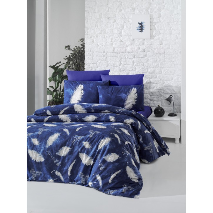 Juego ropa de cama doble Ranforce Feather blanco azul oscuro