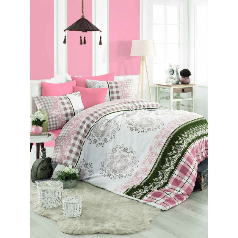 Juego ropa de cama Ranforce King Nazenin  verde blanco rosa