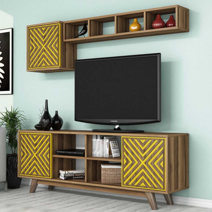 Mueble TV con estante İnci amarillo nogal