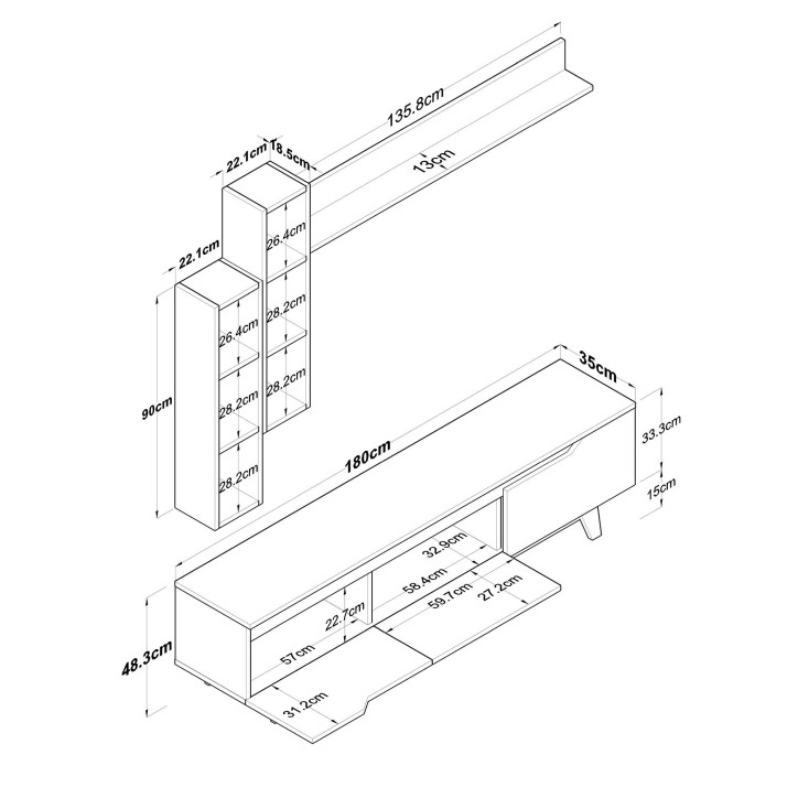 Mueble TV con estante M16-2571 nogal blanco