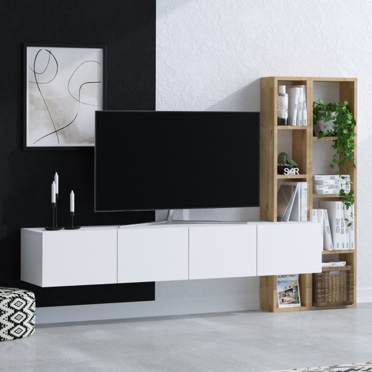 Mueble TV con estante Pana roble blanco