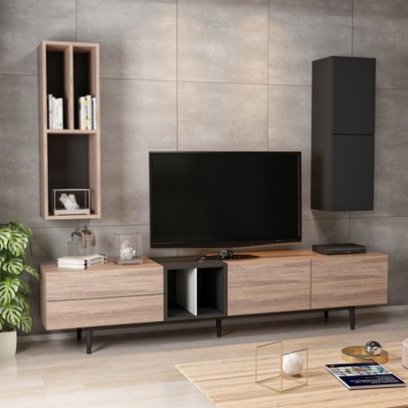 Mueble TV con estante Diany roble blanco negro