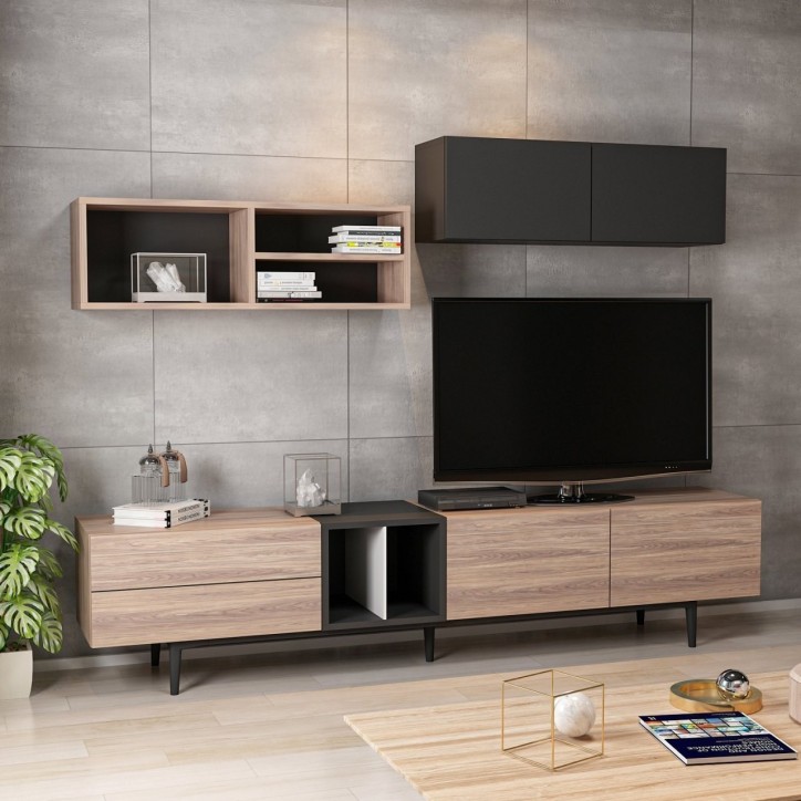 Mueble TV con estante Diany roble blanco negro