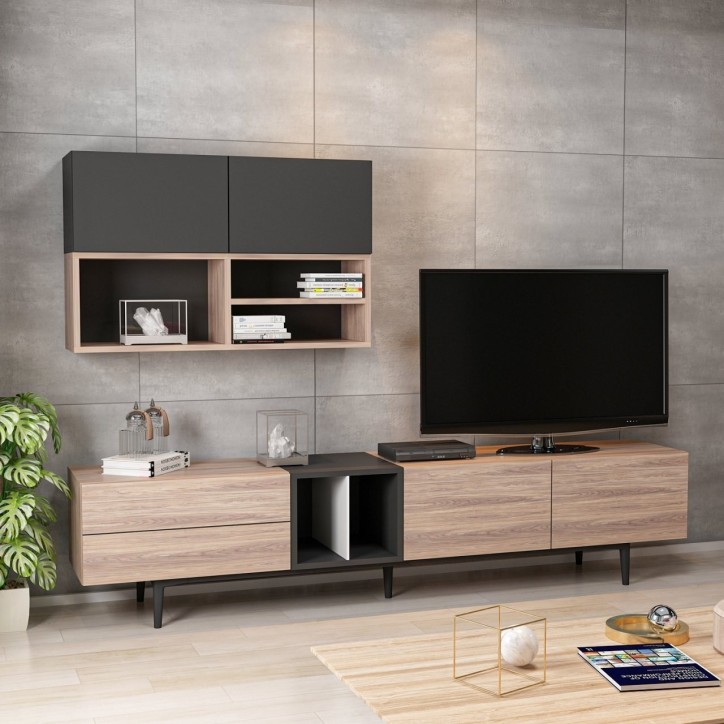 Mueble TV con estante Diany roble blanco negro