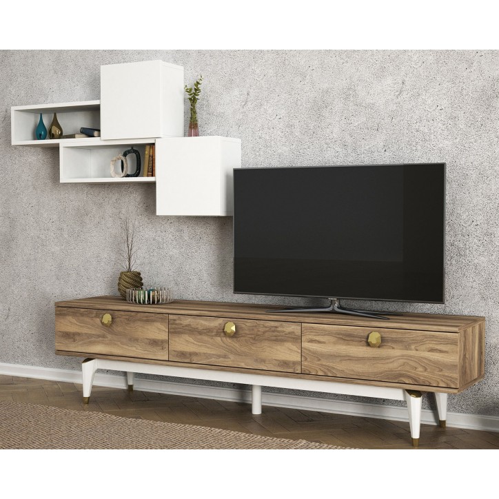 Mueble TV con estante Bus blanco nogal