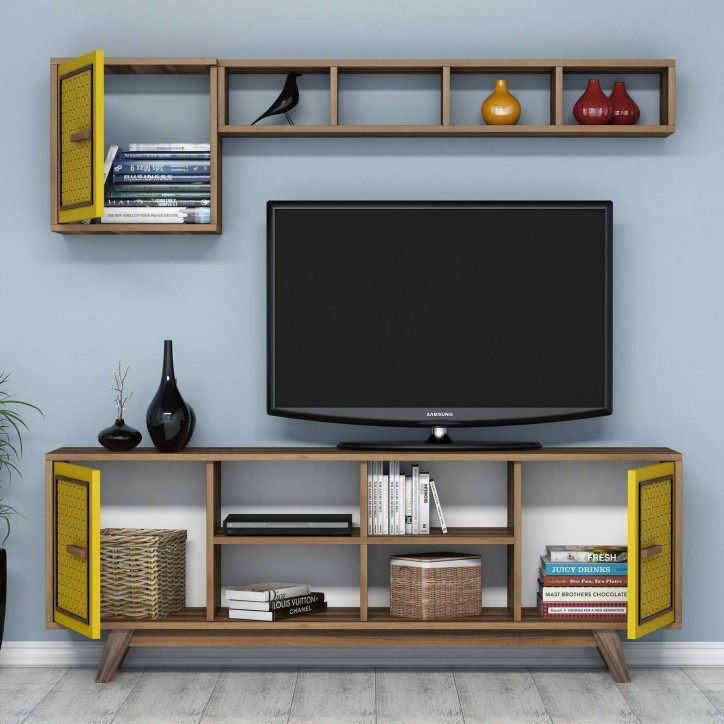 Mueble TV con estante Ayla amarillo nogal