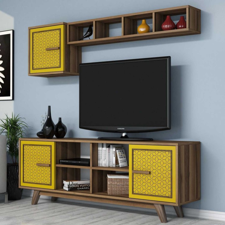 Mueble TV con estante Ayla amarillo nogal