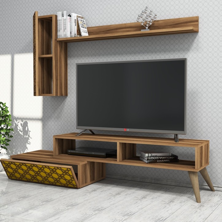 Mueble TV con estante Planet amarillo nogal