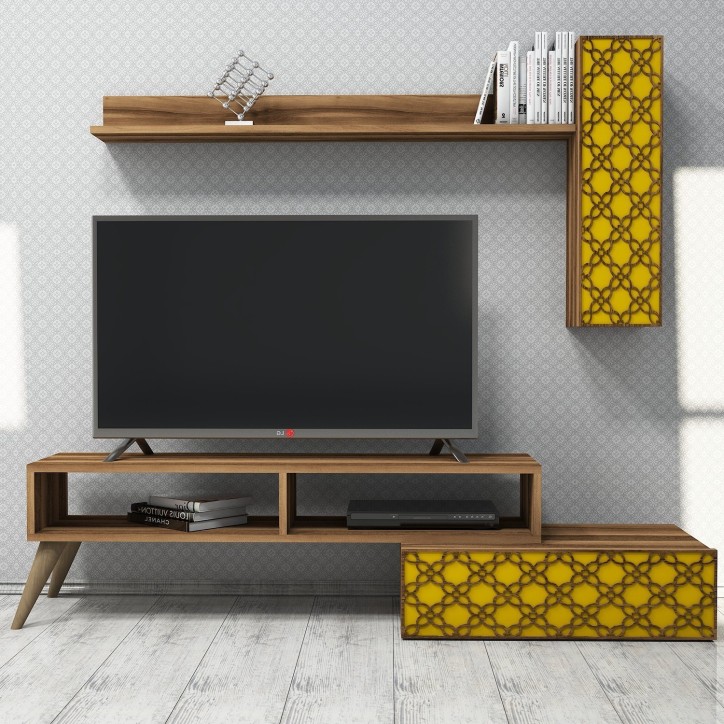 Mueble TV con estante Planet amarillo nogal