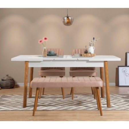 Set mesa comedor extensible y sillas (4 piezas) Santiago pino atlántico blanco piedra