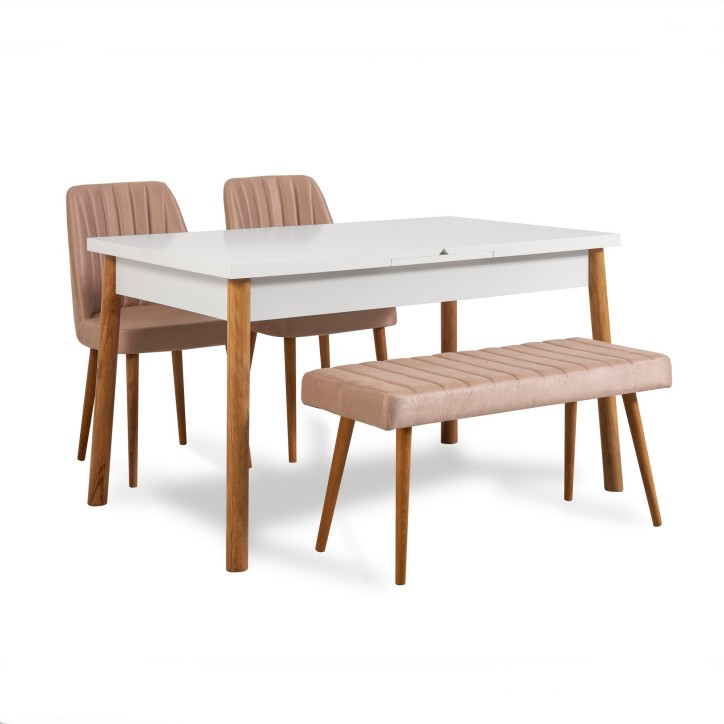 Set mesa comedor extensible y sillas (4 piezas) Santiago pino atlántico blanco piedra