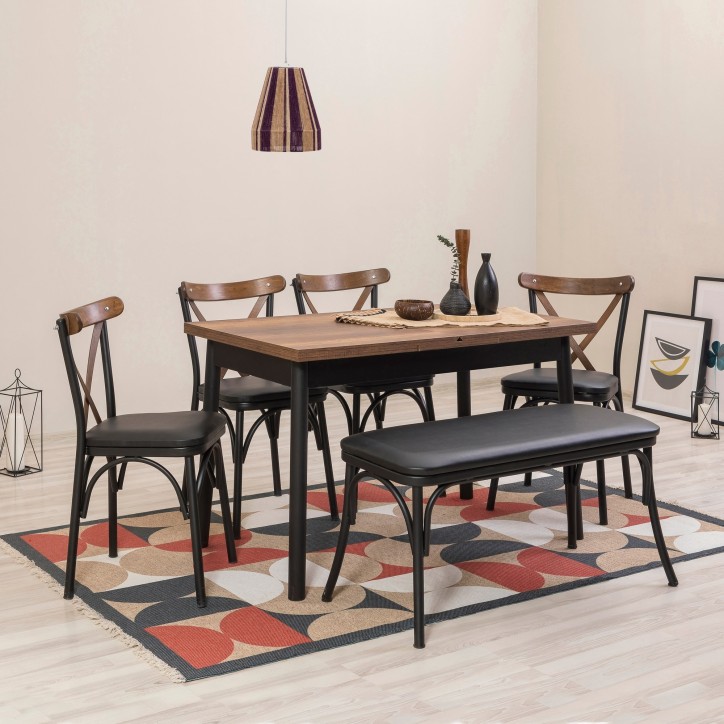 Set mesa comedor extensible y sillas (6 piezas) Oliver negro