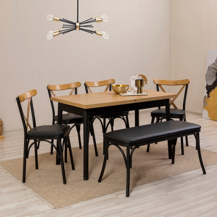 Set mesa comedor extensible y sillas (6 piezas) Oliver negro