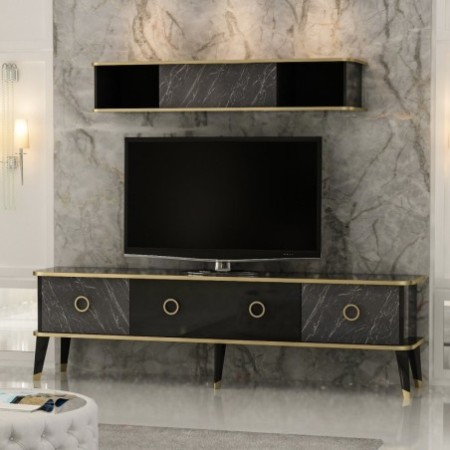 Mueble TV con estante Bien dorado negro gris