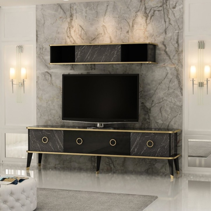 Mueble TV con estante Bien dorado negro gris