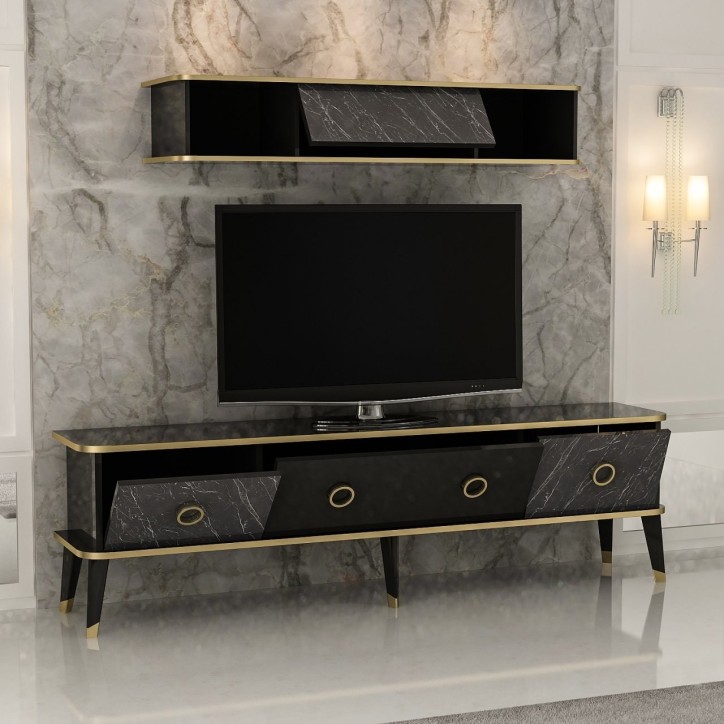 Mueble TV con estante Bien dorado negro gris