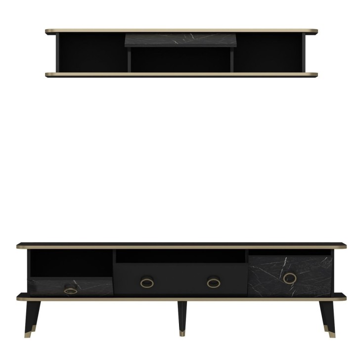 Mueble TV con estante Bien dorado negro gris