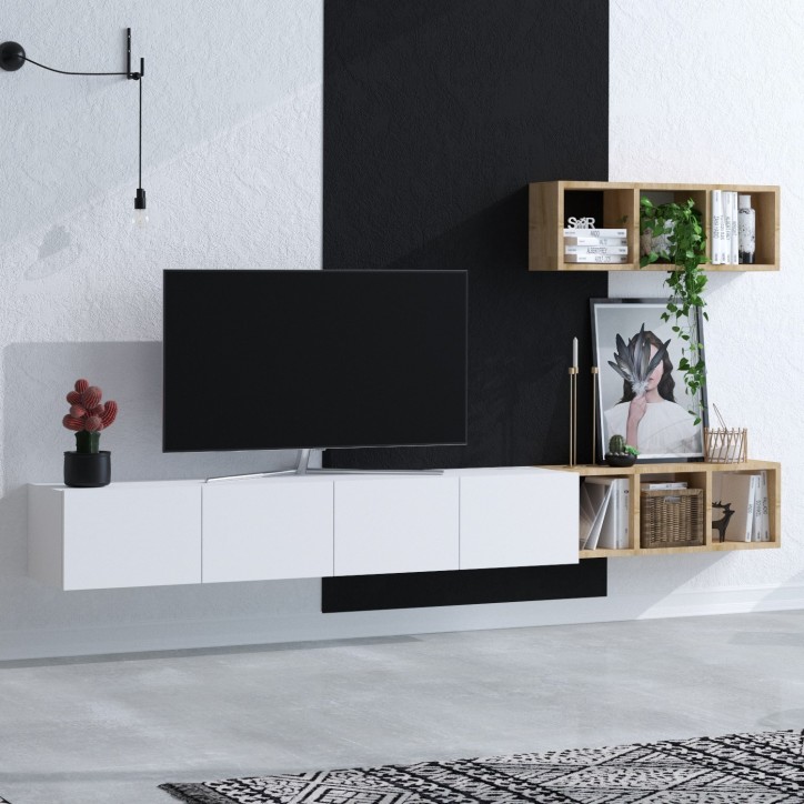 Mueble TV con estante Pıa roble blanco