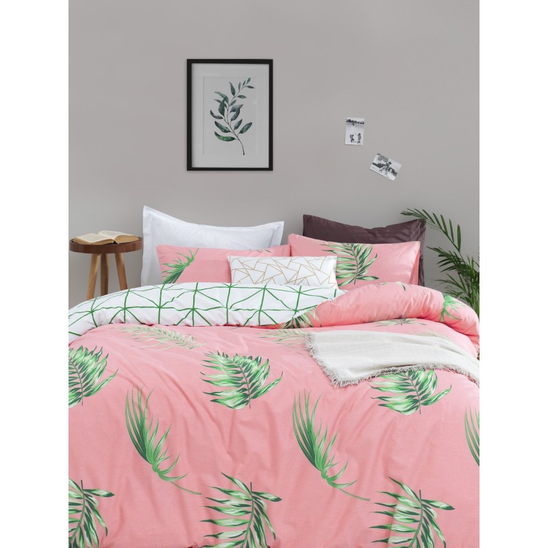 Juego ropa de cama doble Ranforce Barbara  blanco rosa verde