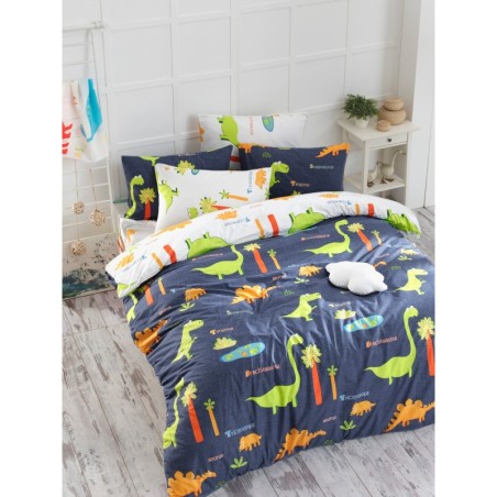 Juego ropa de cama doble Ranforce Dinolar  blanco azul oscuro verde naranja amarillo