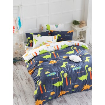 Juego ropa de cama doble Ranforce Dinolar  blanco azul oscuro verde naranja amarillo