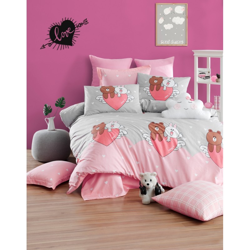 Juego ropa de cama doble Ranforce Felices  marrón blanco gris rosa