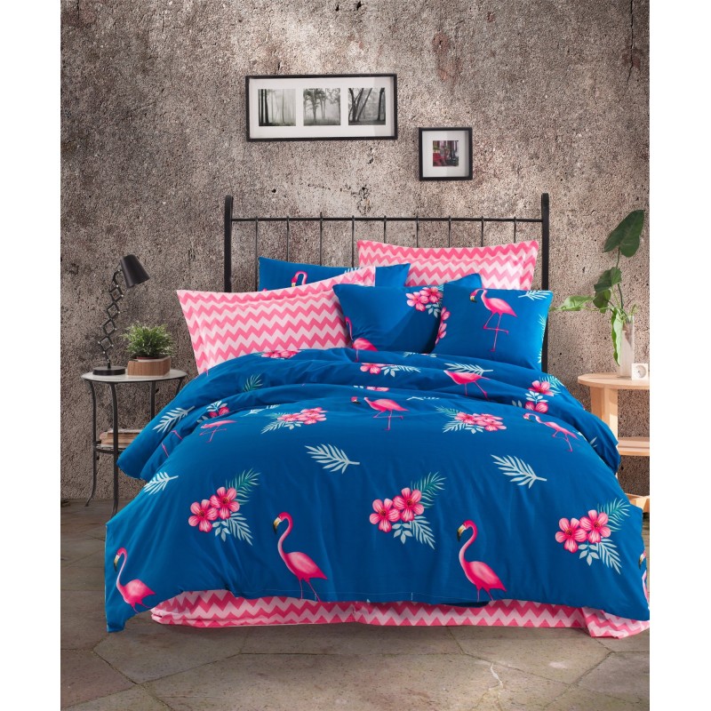 Juego ropa de cama doble Ranforce Flemenco  azul rosa verde