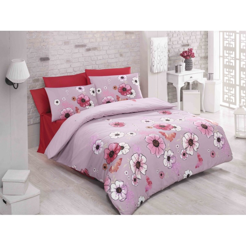 Juego ropa de cama doble Ranforce Fly Fleur marrón blanco rojo rosa