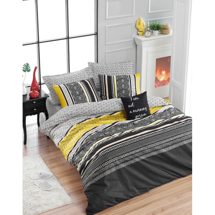 Juego ropa de cama doble Ranforce Formas  gris negro amarillo