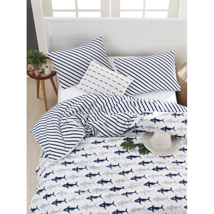 Juego ropa de cama doble Ranforce Shark  blanco azul oscuro