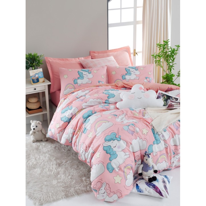 Juego ropa de cama doble Ranforce Unicornio azul blanco rosa