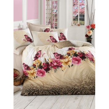 Juego ropa de cama Ranforce King Çalıkuşu  beige marrón rojo blanco