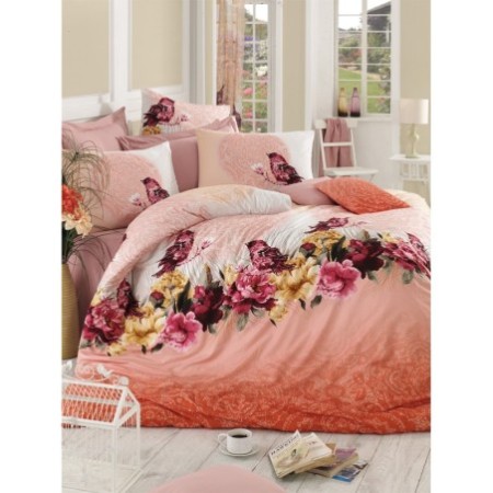 Juego ropa de cama Ranforce King Çalıkuşu  naranja rosa rojo verde blanco