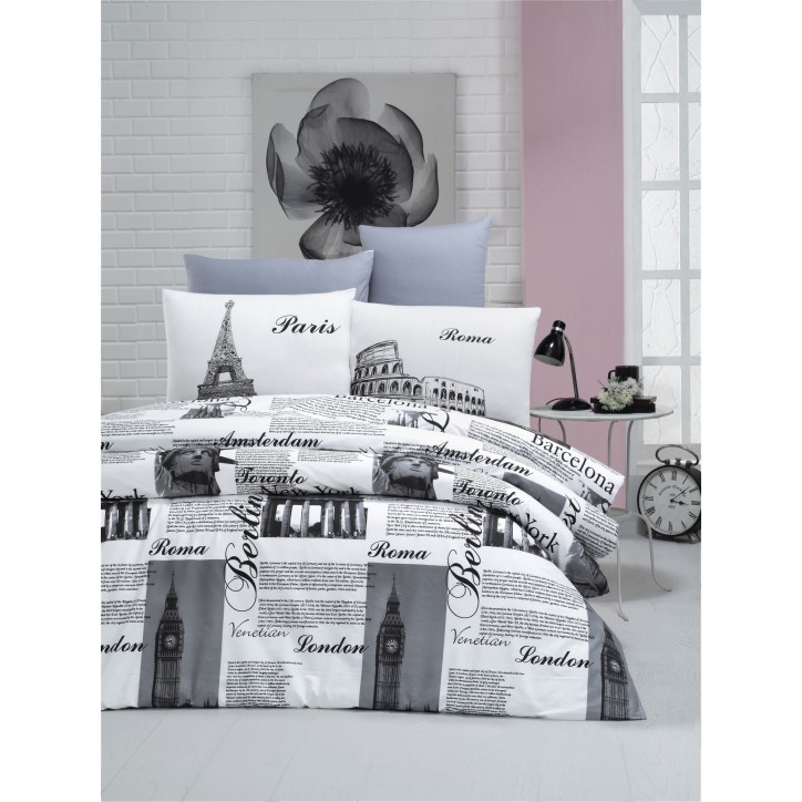 Juego ropa de cama Ranforce King City gris negro blanco