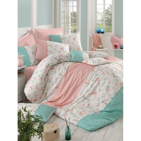 Juego ropa de cama Ranforce King Emily  polvo blanco verde