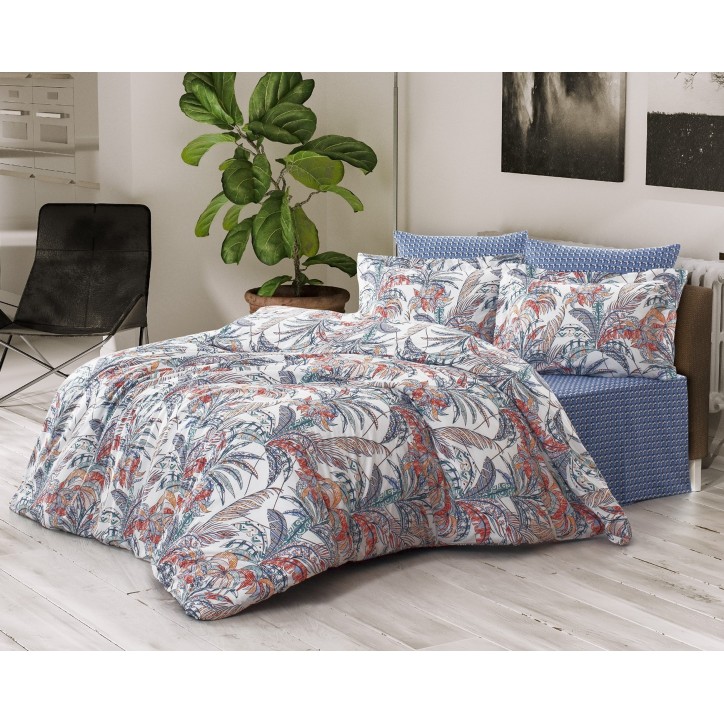 Juego ropa de cama Ranforce King Palm blanco azul ladrillo rojo