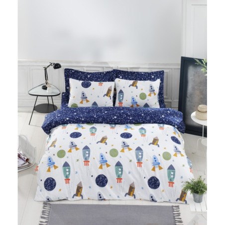 Juego ropa de cama Super King Ranforce Spacex  azul oscuro blanco verde gris