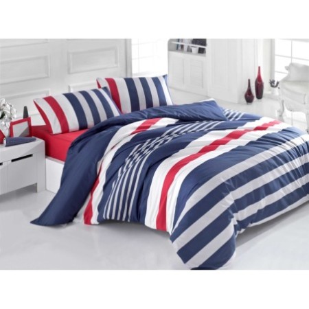 Juego ropa de cama Super King Ranforce Stripe azul oscuro gris blanco rojo